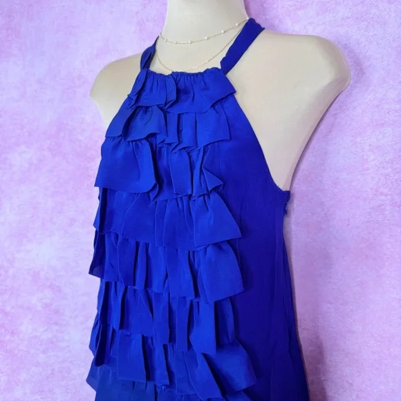 220. Anthropologie VA ET VIEN Silk Royal Blue Ruffle Halter Dress Size 4 - Picture 5 of 8